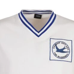 Cardiff City Vintage White 1960s Away Retro Football Shirt – Embroidered V-Neck Cotton Tee -Toffs Store 1519 1 1