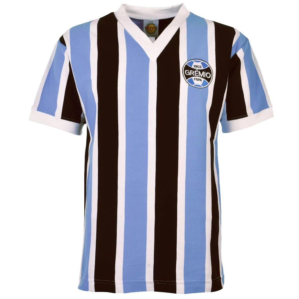 Gremio 1970s Retro Football Shirt – Sky Blue, Black & White Tricolor Stripes – Heritage V-Neck 4 Gremio 1970s Retro Football Shirt – Sky Blue, Black & White Tricolor Stripes – Heritage V-Neck - Image 2