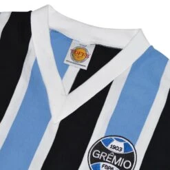 Gremio 1970s Retro Football Shirt – Sky Blue, Black & White Tricolor Stripes – Heritage V-Neck 9 Gremio 1970s Retro Football Shirt – Sky Blue, Black & White Tricolor Stripes – Heritage V-Neck -Toffs Store 5027 2
