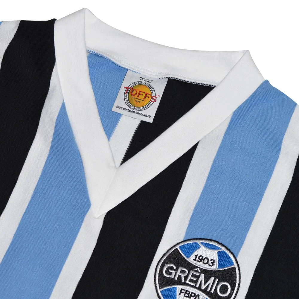 Gremio 1970s Retro Football Shirt – Sky Blue, Black & White Tricolor Stripes – Heritage V-Neck 6 Gremio 1970s Retro Football Shirt – Sky Blue, Black & White Tricolor Stripes – Heritage V-Neck - Image 4