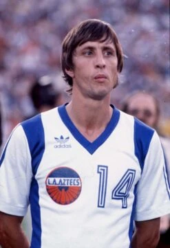 LA Aztecs 1979 Johan Cruyff No. 14 Home Retro Football Shirt - White/Royal V-Neck -Toffs Store 5089