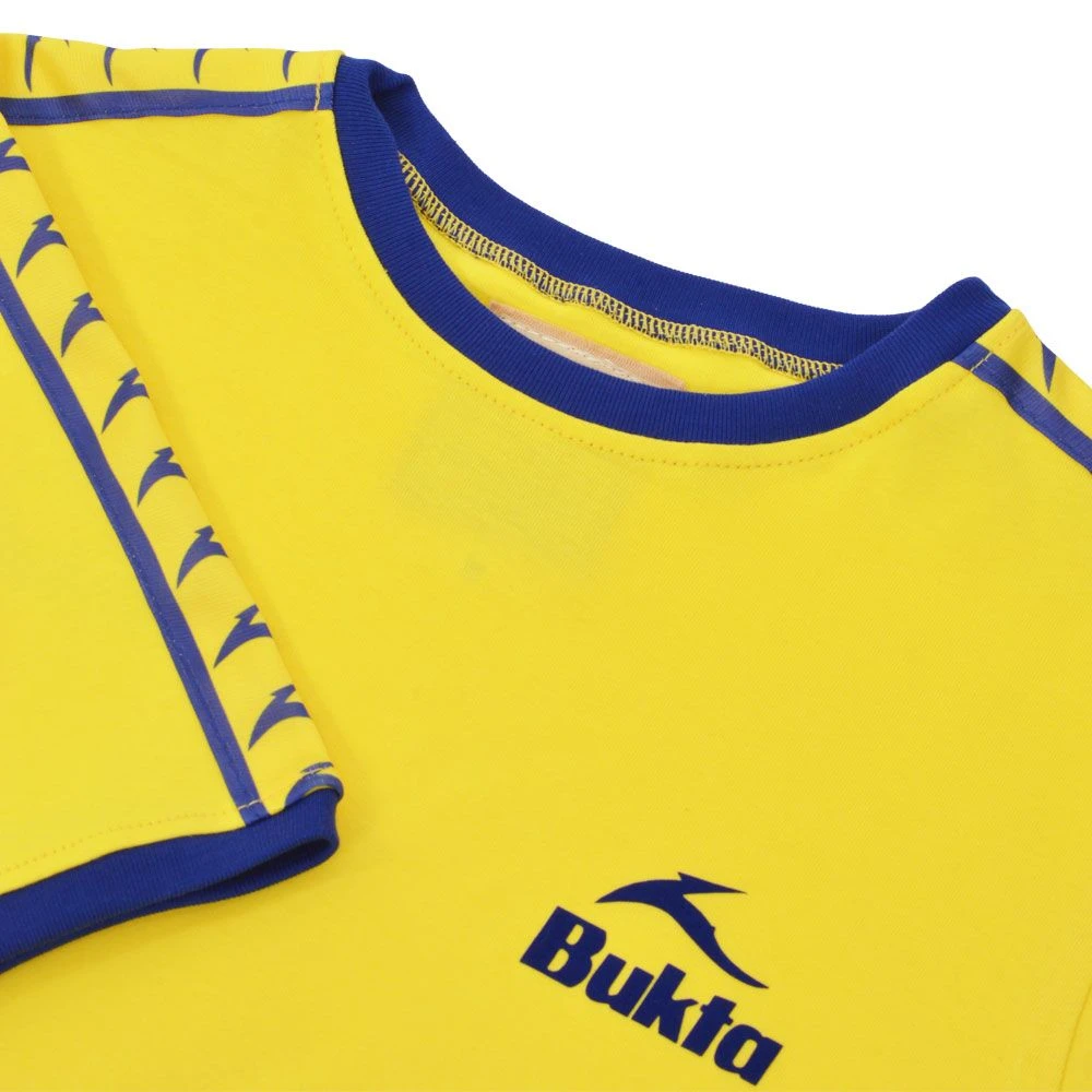 Bukta Royal Blue on Yellow Ringer T-Shirt – Vintage Flock Logo Organic Cotton Tee 5 Bukta Royal Blue on Yellow Ringer T-Shirt – Vintage Flock Logo Organic Cotton Tee - Image 3