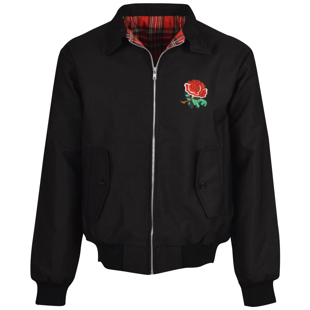 England Rugby 1980s Retro Rose Crest Black Harrington Jacket – Classic Red Tartan Lining 3 England Rugby 1980s Retro Rose Crest Black Harrington Jacket – Classic Red Tartan Lining