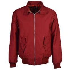Classic Burgundy Harrington Jacket – British Made with Red Tartan Lining