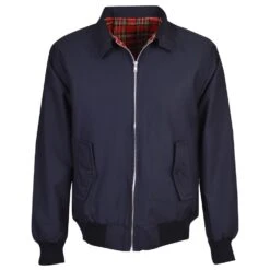 Classic Navy Harrington Jacket with Red Tartan Lining – Made in UK Lightweight Outerwear