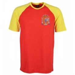 Spain Kids Yellow with Red Raglan Sleeves – 1982 Vintage Crest Organic Cotton T-Shirt
