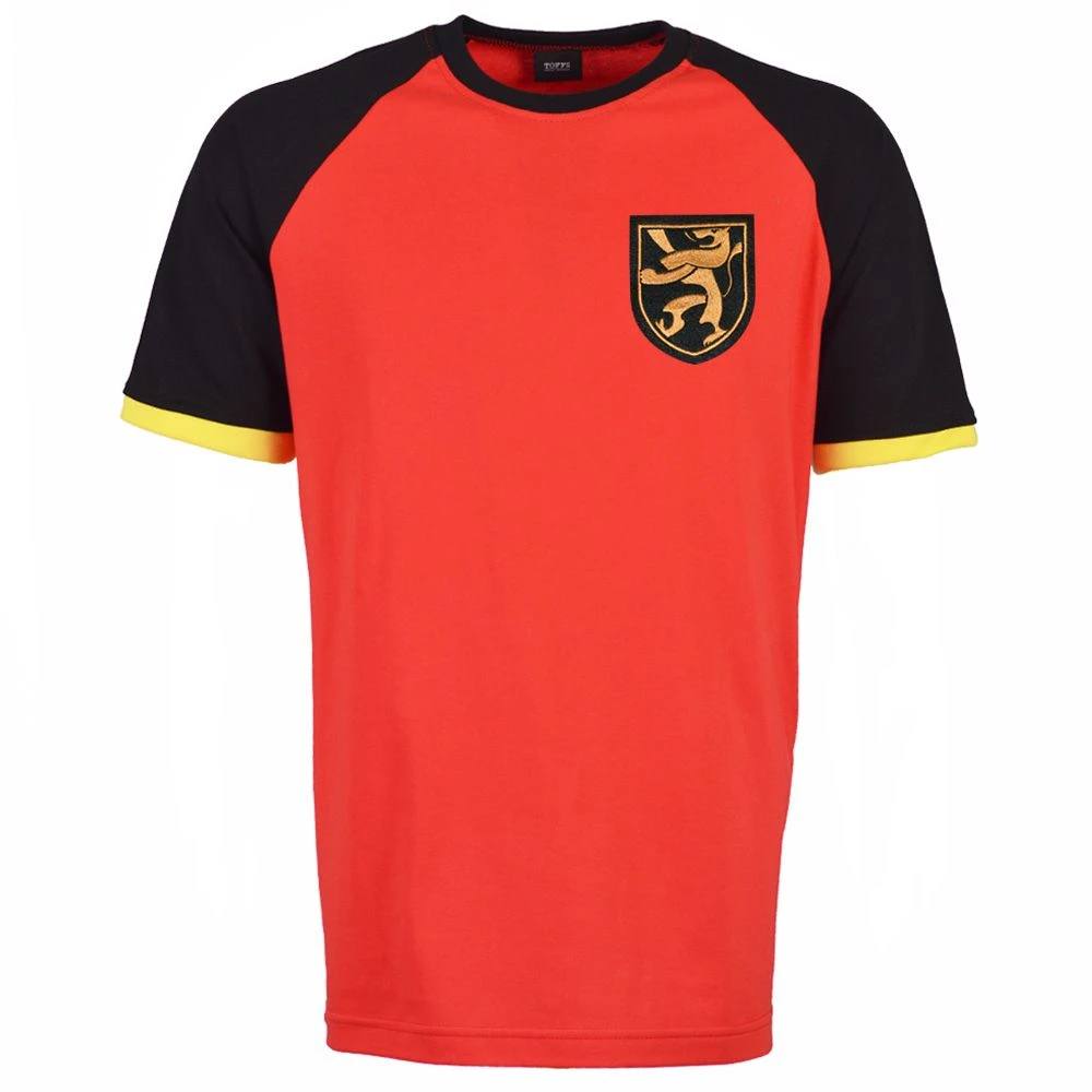 Belgium Red with Black & Yellow Raglan Sleeves – Vintage Lion Crest Organic Cotton T-Shirt 3 Belgium Red with Black & Yellow Raglan Sleeves – Vintage Lion Crest Organic Cotton T-Shirt