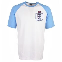 England Kids White and Sky Blue Raglan Sleeve – Embroidered Three Lions Crest Football T-Shirt